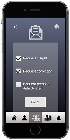 Phone showing how you can request insight, correction or for your data to be deleted in the DataManage app